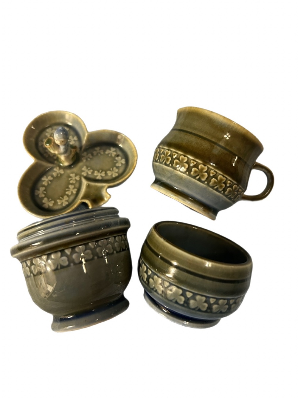 4 pc Vintage Irish Green Porcelain Trinket Set - Clover Leaf